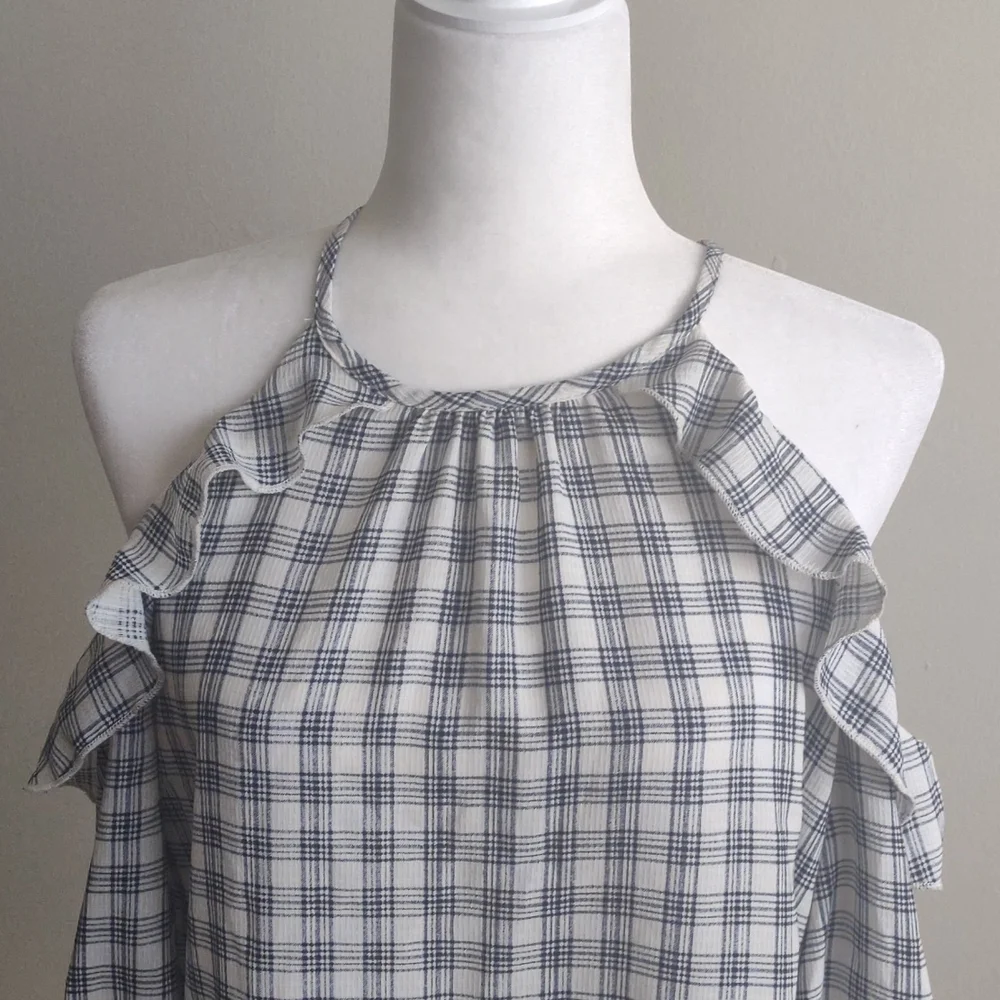 Gilly off-the-shoulder top with sleeves. Size S Blue/white plaid. 100% polyester - Picture 2 of 8